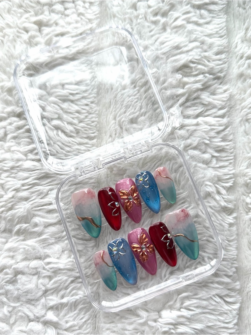 LARGE Handmade Floral Accent Press-On Nails — Pink, Blue, Teal & Burgundy
